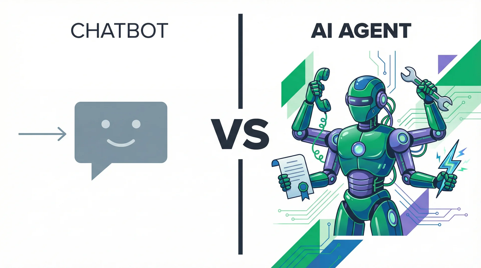 Split-screen comparison illustration: a simple gray chatbot icon on the left versus a sophisticated multi-armed AI agent holding tools on the right, with a bold VS divider and emerald green accents