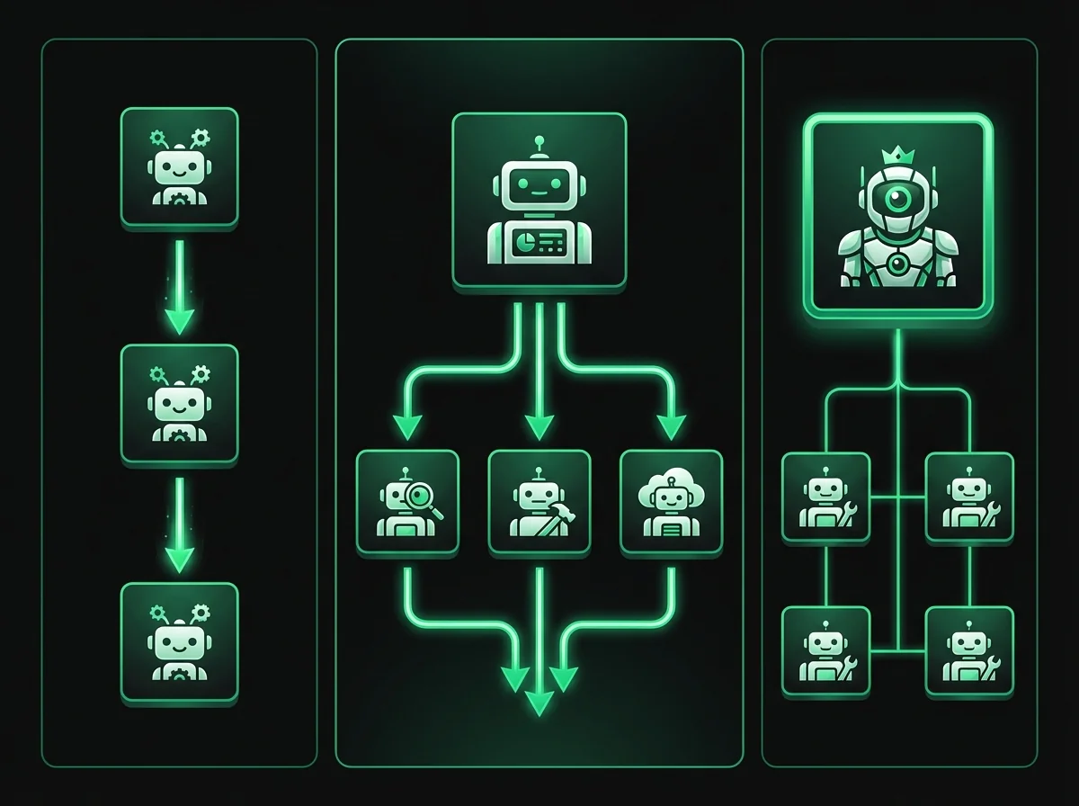 Infographic showing three multi-agent orchestration patterns: Sequential Pipeline with chained agents, Parallel Fan-out with an orchestrator distributing to specialist agents, and Hierarchical Supervisor with a manager agent overseeing a team of workers